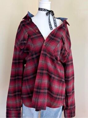 Vintage grunge plaid flannel button down shirt skater indie red 90s Y2K XXL